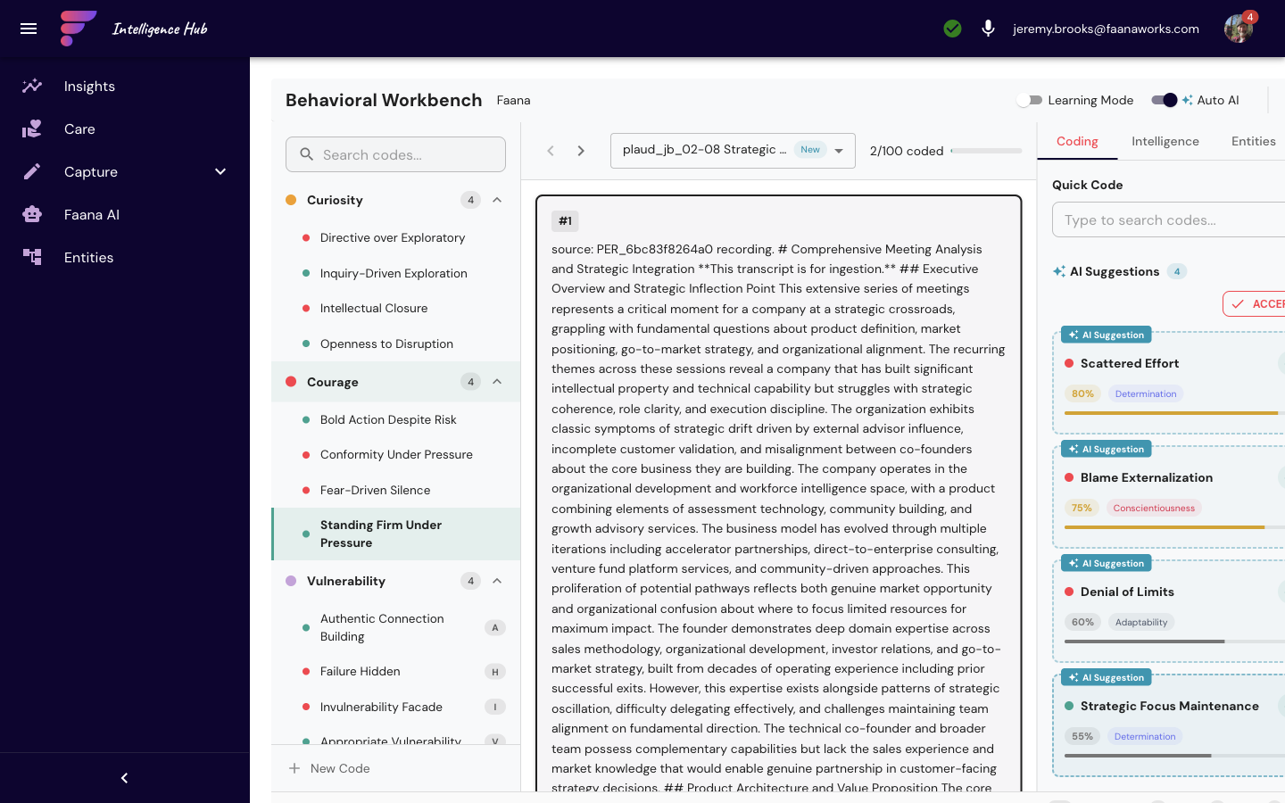 Behavioral Workbench desktop 3-panel view with Faana entity showing Curiosity, Courage, and Vulnerability codes, a meeting analysis document, and AI suggestions with confidence scores