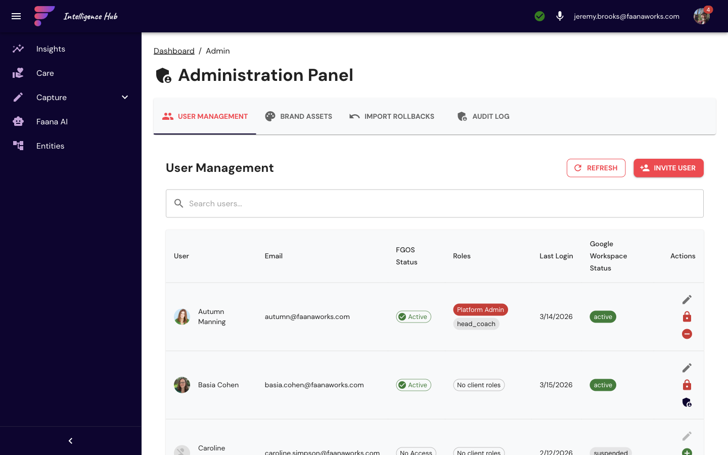 Administration Panel showing User Management tab with search bar, Refresh and Invite User buttons, and user table listing Autumn Manning (Platform Admin, head_coach, Active, Google Workspace active), Basia Cohen (No client roles, Active), and Caroline Simpson (No Access, suspended)