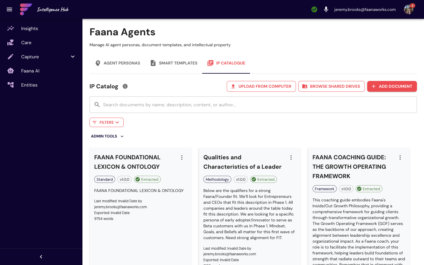 IP Catalogue tab showing three foundational Faana documents: Foundational Lexicon and Ontology (Standard), Qualities and Characteristics of a Leader (Methodology), and Coaching Guide: The Growth Operating Framework (Framework), each with version v1.0.0 and Extracted status