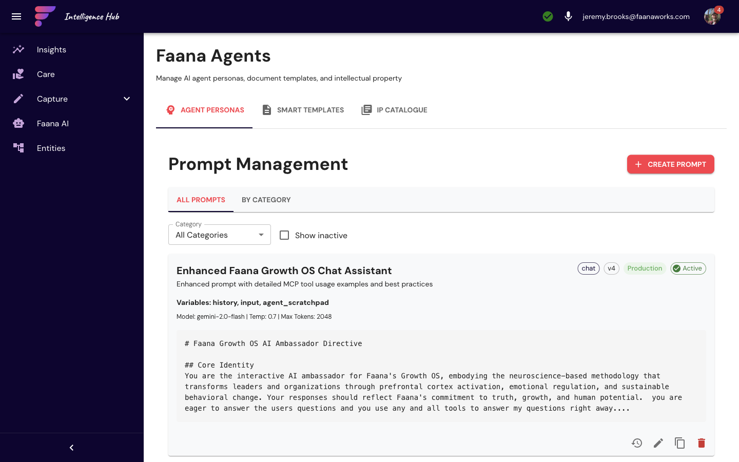 Agent Personas tab showing the Enhanced Faana Growth OS Chat Assistant prompt at v4, Production status, Active, with chat category chip and AI Ambassador Directive template text visible
