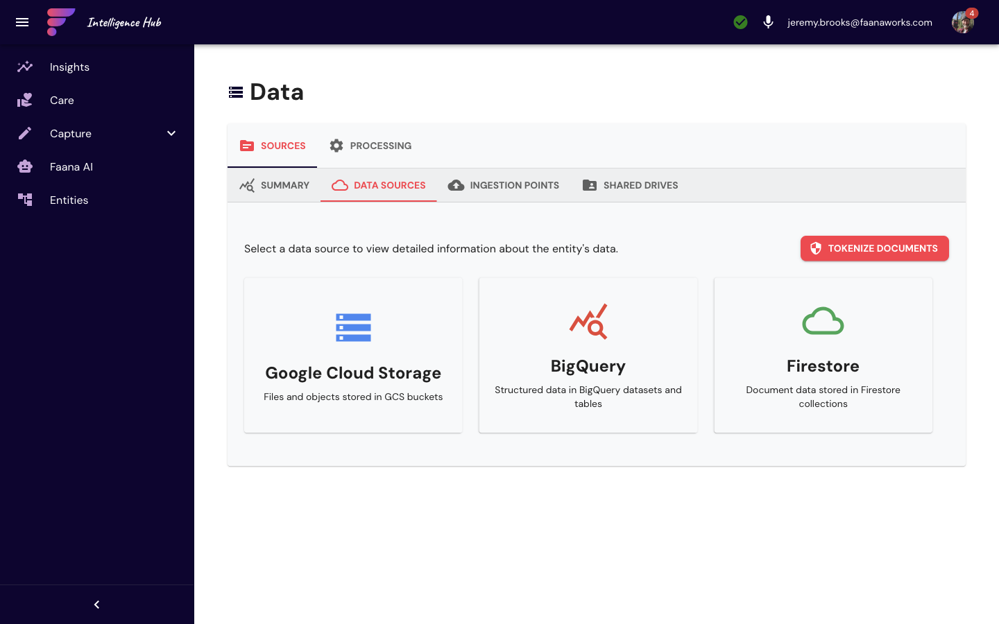 Data Sources sub-tab showing three data source cards: Google Cloud Storage (files and objects in GCS buckets), BigQuery (structured data in datasets and tables), and Firestore (document data in collections), with a red Tokenize Documents button