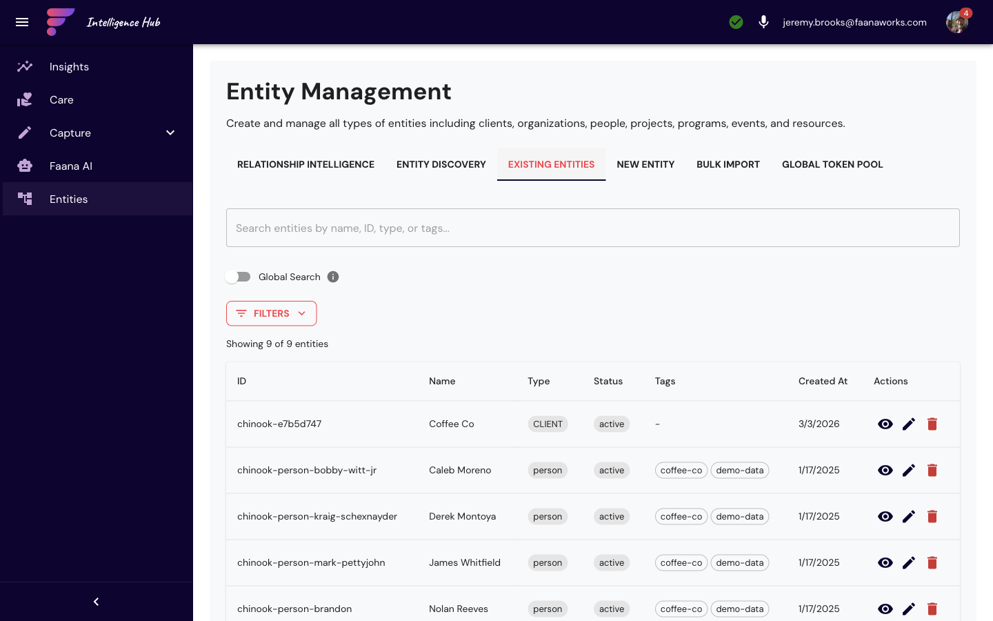 Entity Management showing Existing Entities tab with 9 entities including Coffee Co (CLIENT, active) and associated person entities (Caleb Moreno, Derek Montoya, James Whitfield, Nolan Reeves) with coffee-co and demo-data tags