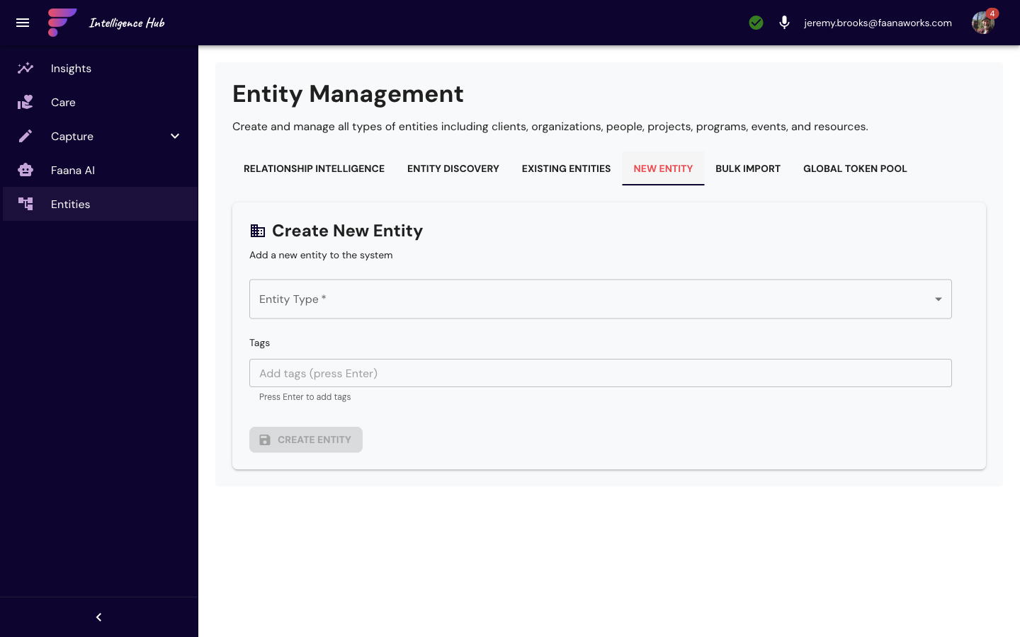 New Entity tab showing Create New Entity form with Entity Type dropdown selector, Tags input field with press Enter hint, and Create Entity button