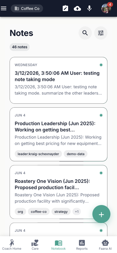 Notes page showing 46 notes with search and filter icons. Top note: a testing note from 3/12/2026. Below: Production Leadership (Jun 2025) tagged leader:kraig-schexnayder and demo-data, Roastery One Vision tagged org, coffee-co, strategy, and more notes from Jun 4