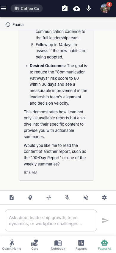 Faana AI Chat showing a detailed AI response about Communication Pathways risk score reduction with 5 numbered action steps and Desired Outcomes, plus MCP tool action buttons (new note, insights, report settings, mute, broadcast, gear) at the bottom
