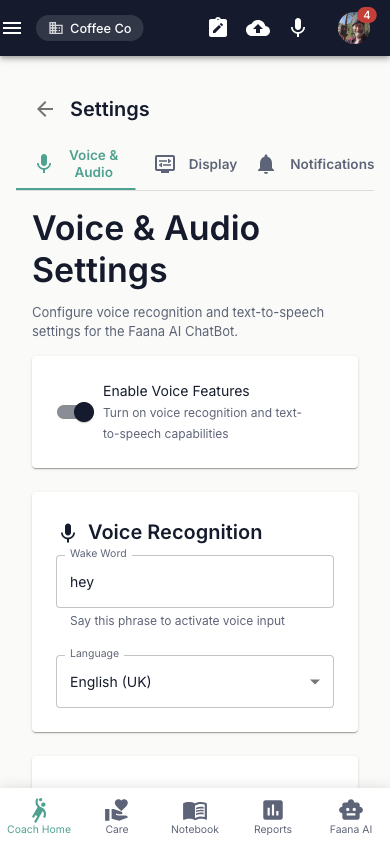 Settings page showing Voice and Audio tab selected with Enable Voice Features toggle on, Voice Recognition section with wake word 'hey' and Language set to English (UK), and three tabs: Voice and Audio, Display, Notifications