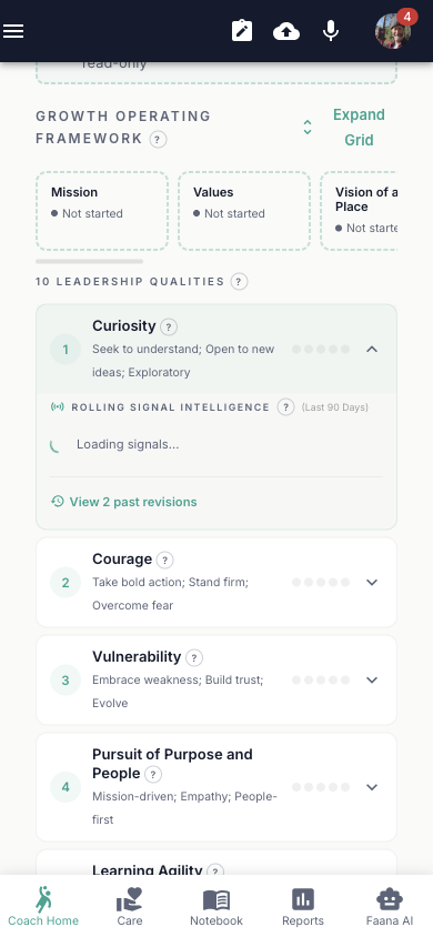 Person Player Card scrolled to show the 10 Leadership Qualities section with Curiosity expanded. Curiosity row shows score 1, description 'Seek to understand; Open to new ideas; Exploratory', expand chevron open revealing: Rolling Signal Intelligence (Last 90 Days) section with 'Loading signals...' spinner, and 'View 2 past revisions' link. Below: collapsed rows for Courage (2), Vulnerability (3), Pursuit of Purpose and People (4), Learning Agility (5), and Determination (6) — each showing its score number, description text, and 6 empty score dots.